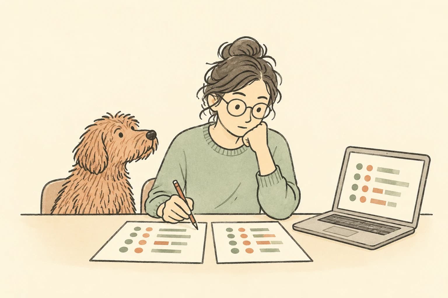 A researcher compares paper evidence with a laptop, with a dog beside the desk.