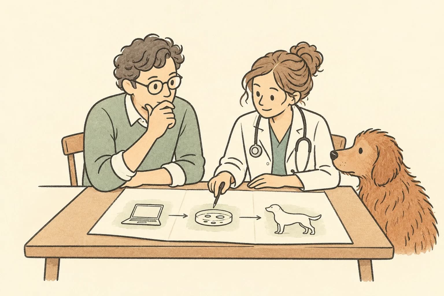 A researcher and veterinary clinician review a research plan together, with a dog beside their table.