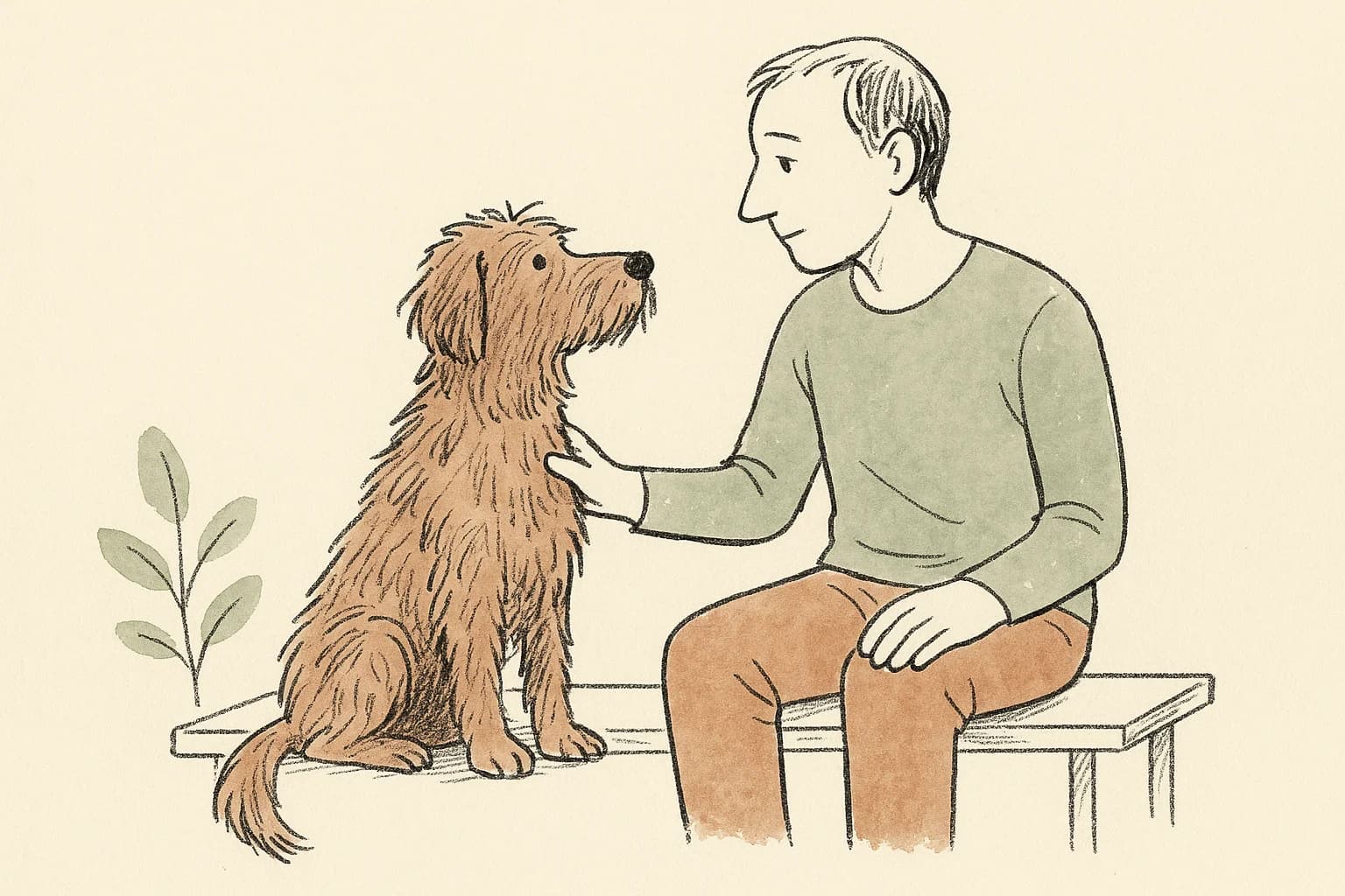 A dog and its owner share a quiet moment on a bench.